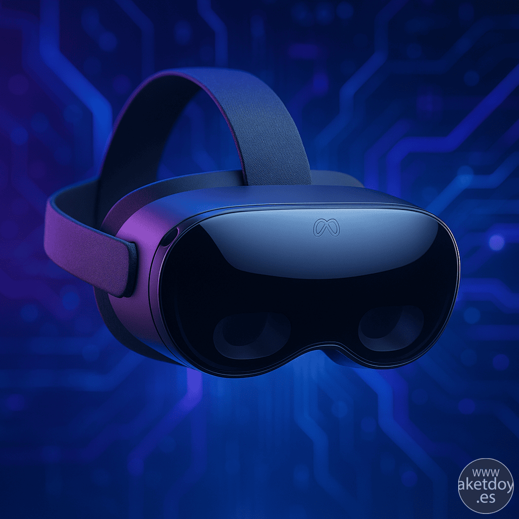 A virtual reality headset is shown on a blue background