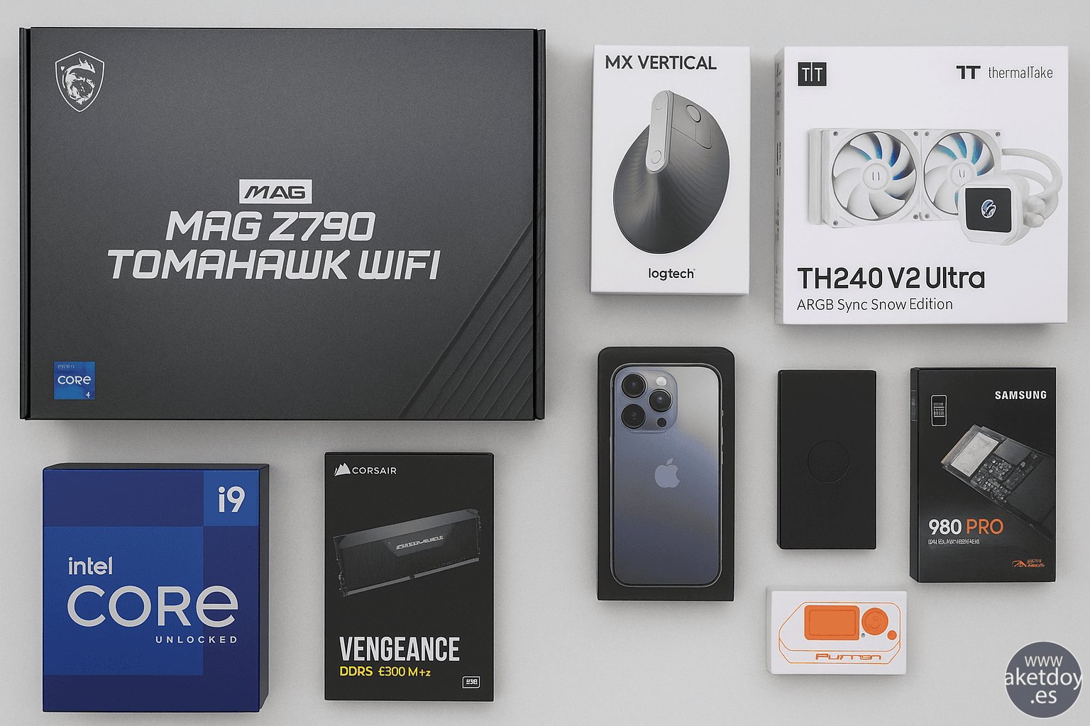 Imagen de unboxing Aketdoy con placa base MSI, ratón Logitech MX Vertical, procesador Intel i9, memoria Corsair DDR5, iPhone 16 Pro Max, SSD Samsung 980 PRO, Flipper Zero y refrigeración líquida Thermaltake