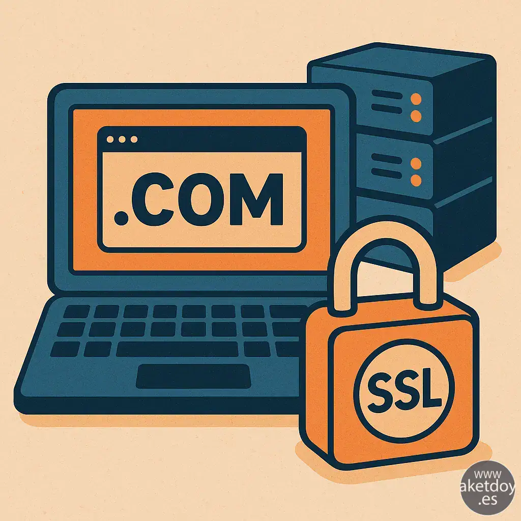 Ilustración flat-retro de dominio, hosting y certificado SSL como requisitos para WordPress