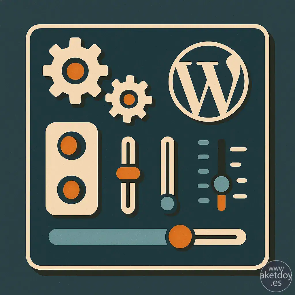 Ilustración flat-retro de ajustes básicos de WordPress con engranajes y panel de configuración