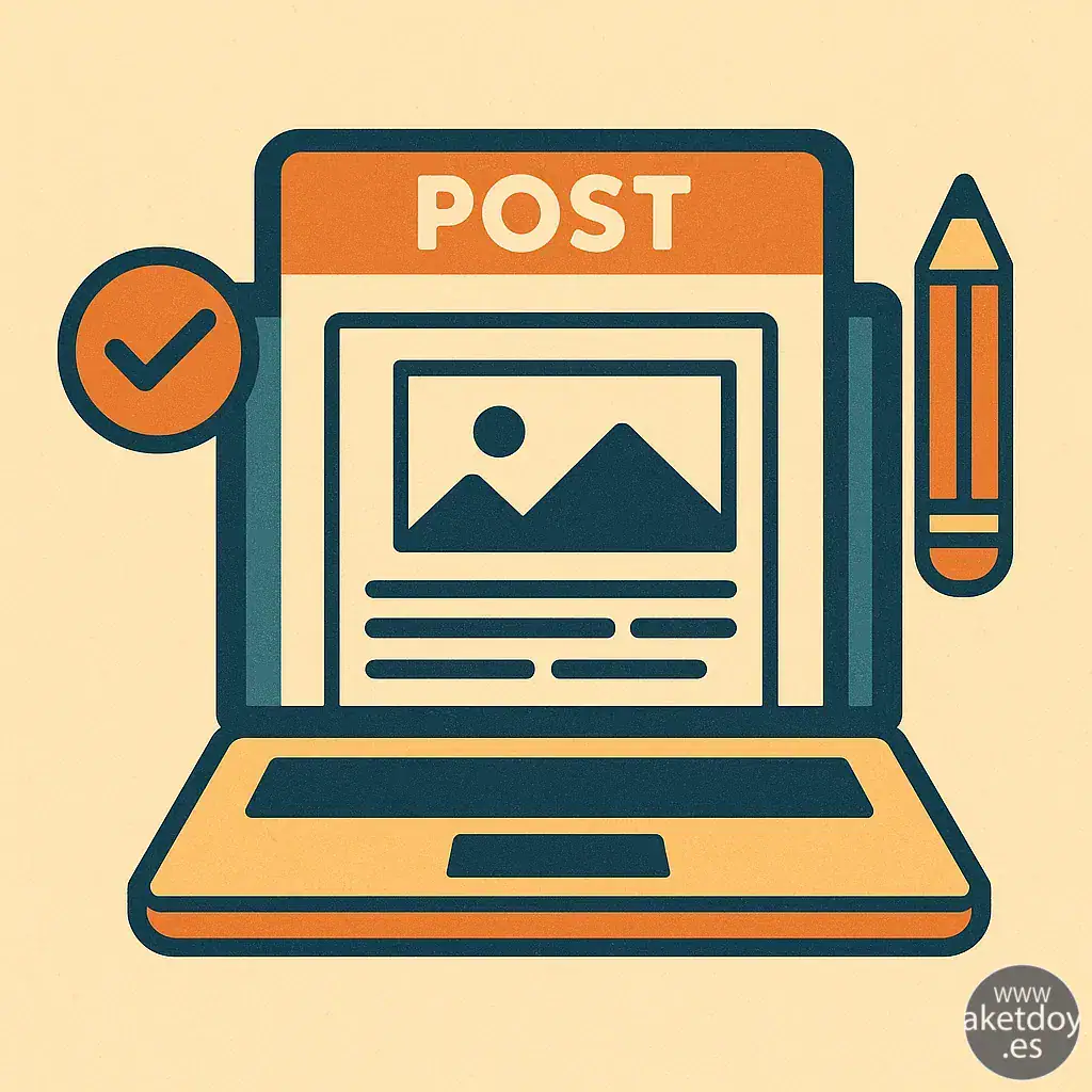 Ilustración flat-retro de un post en WordPress con iconos de checklist y redacción
