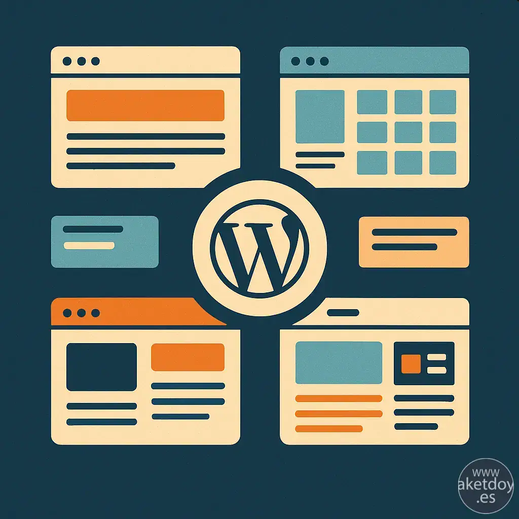 Ilustración flat-retro de selección de temas en WordPress con plantillas estilo tarjetas