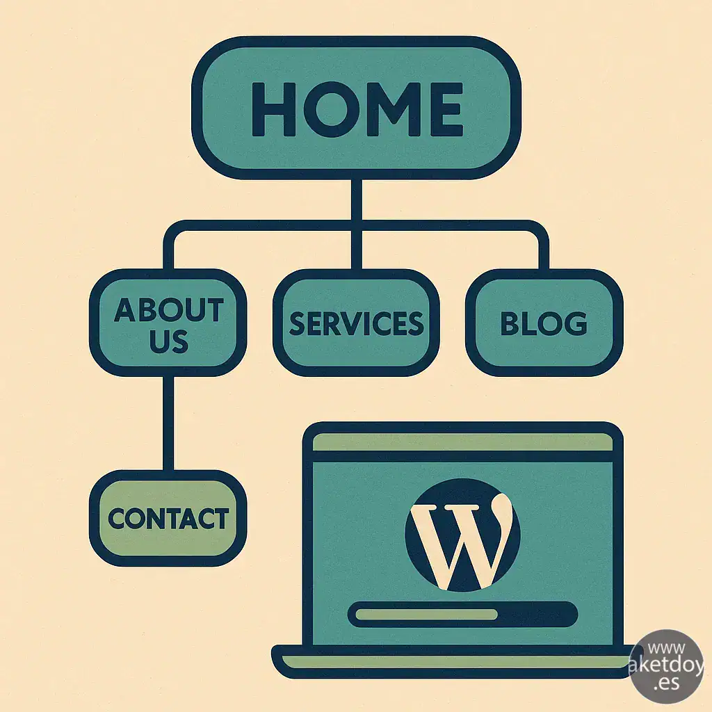 Infografía flat-retro de arquitectura web básica con páginas inicio, servicios, blog y contacto