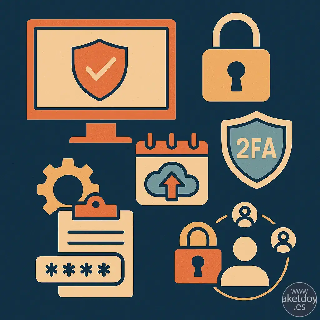 Ilustración flat-retro de mantenimiento y seguridad en WordPress con actualizaciones, backups, candado y roles de usuario