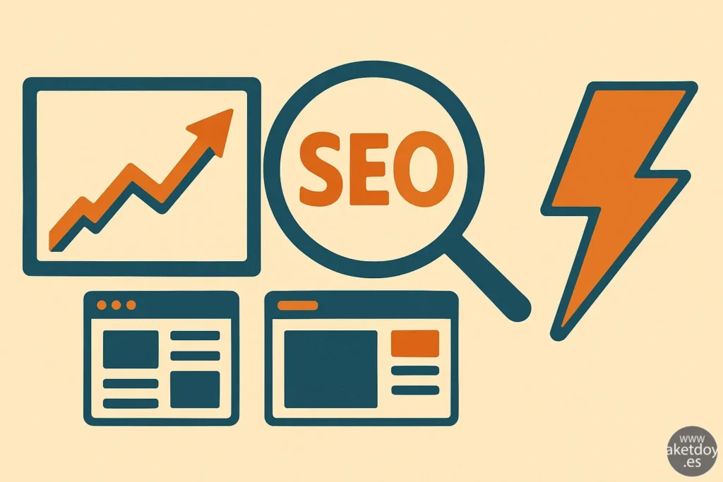 Ilustración flat-retro de optimización de una página en WordPress con iconos de SEO, velocidad y rendimiento