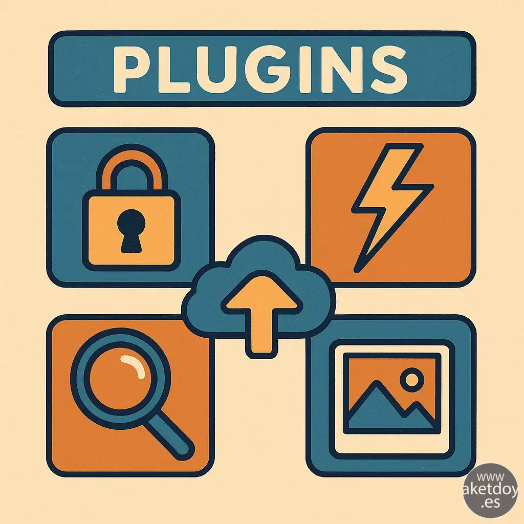 Ilustración flat-retro de plugins esenciales en WordPress: seguridad, SEO, caché, backups e imágenes