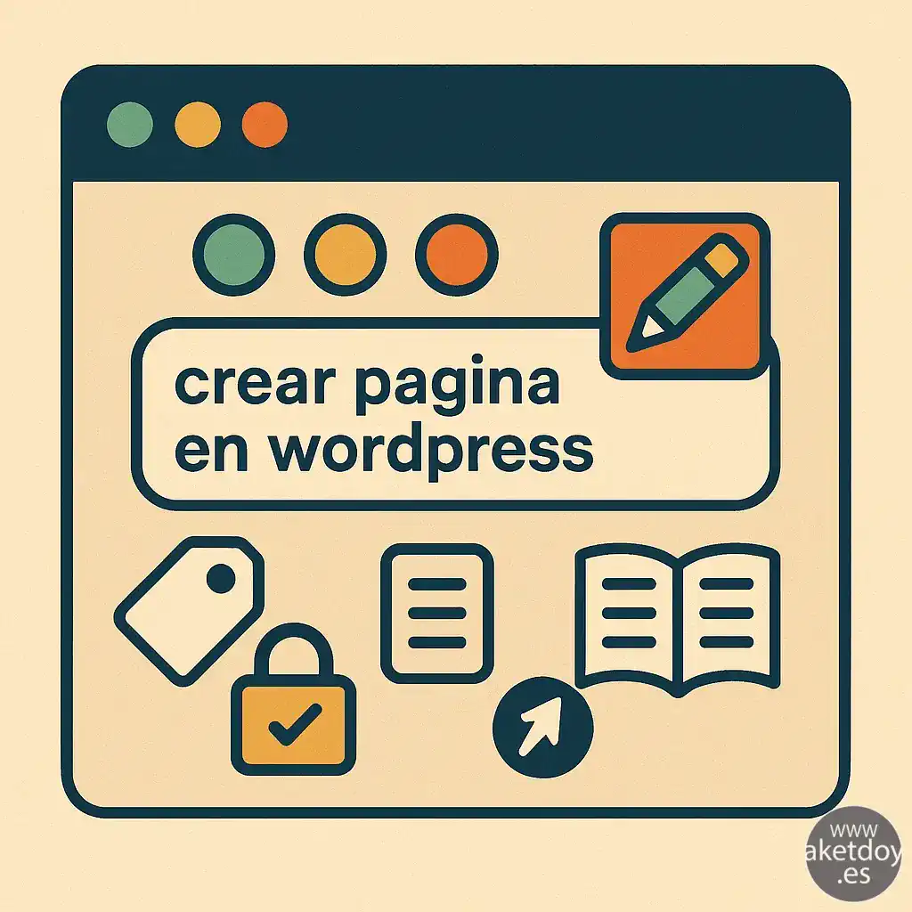 Imagen destacada flat-retro con elementos gráficos de construcción web, representando cómo crear una página en WordPress desde cero