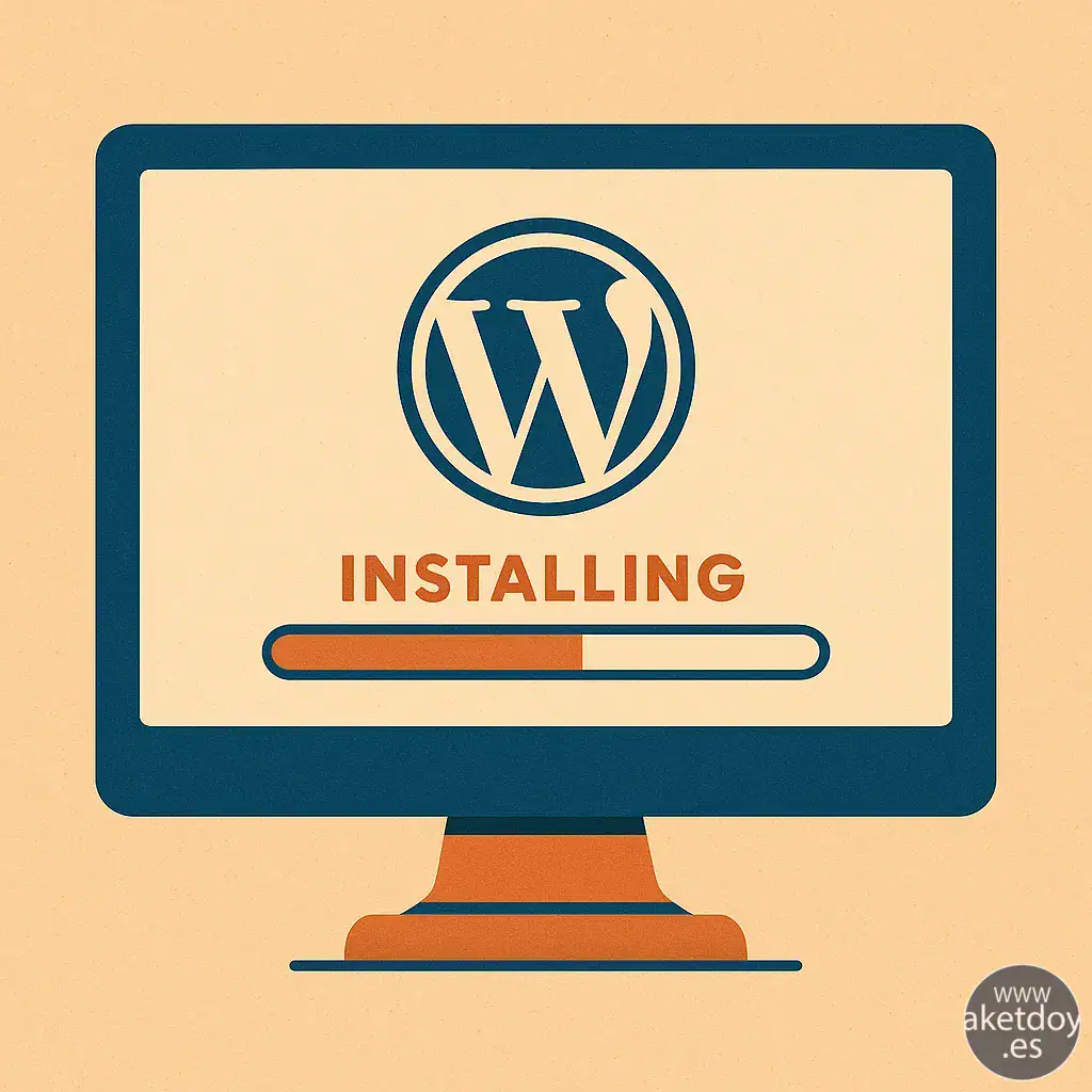 Ilustración flat-retro de instalación de WordPress en un ordenador con barra de progreso