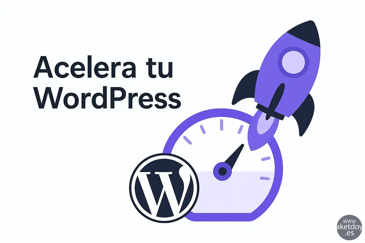 Ilustración flat style con un cohete y un velocímetro representando la optimización avanzada y aceleración de WordPress