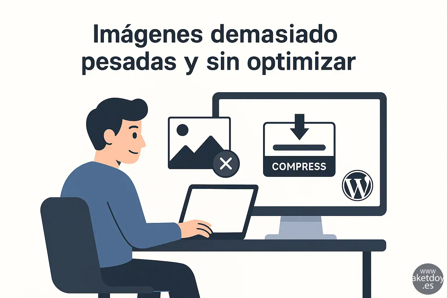 Ilustración flat de un desarrollador optimizando imágenes pesadas para mejorar la velocidad de carga en WordPress