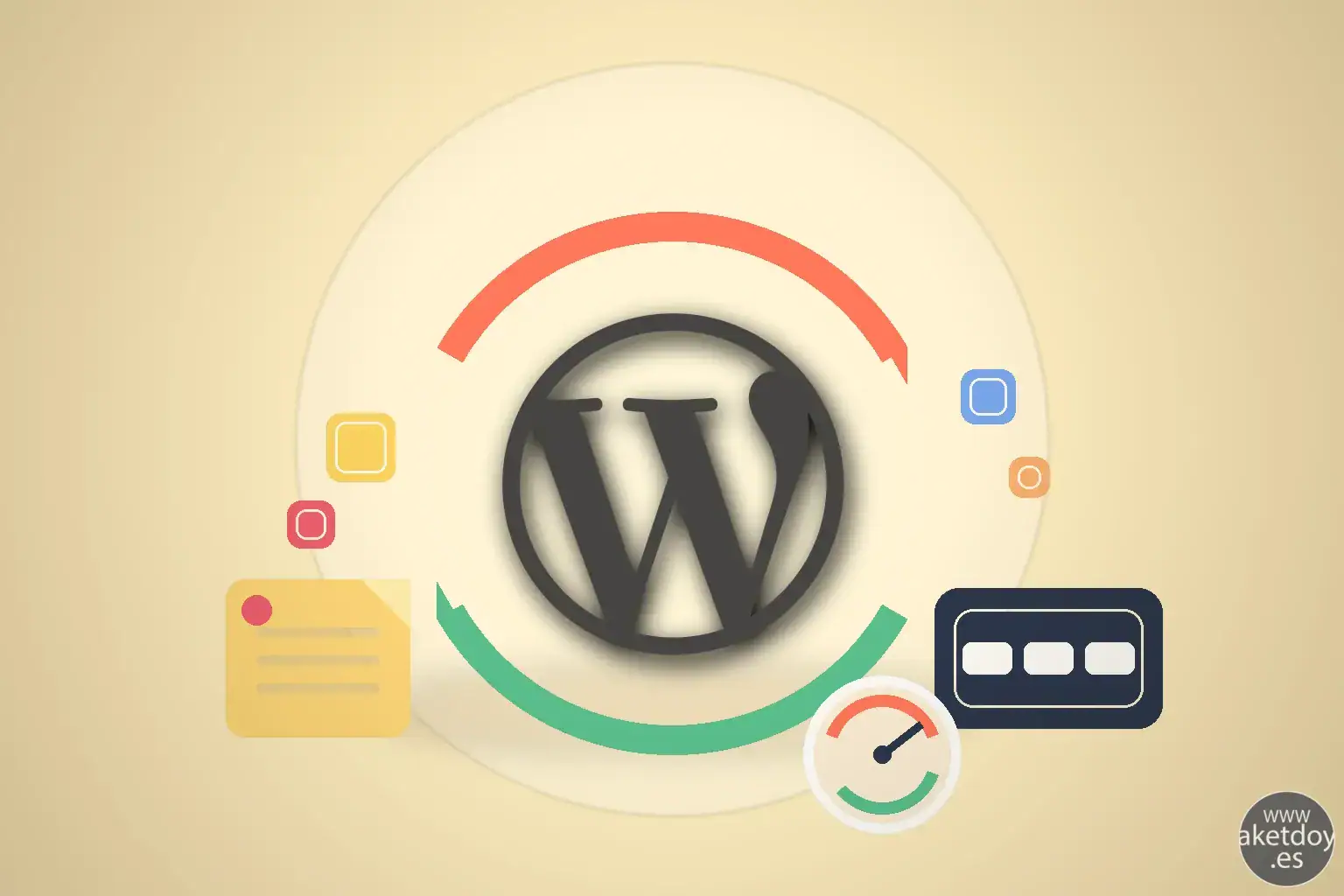 Logo de WordPress con iconos de actualización, notas, comandos y rendimiento sobre fondo claro, representando las novedades de WordPress 6.9