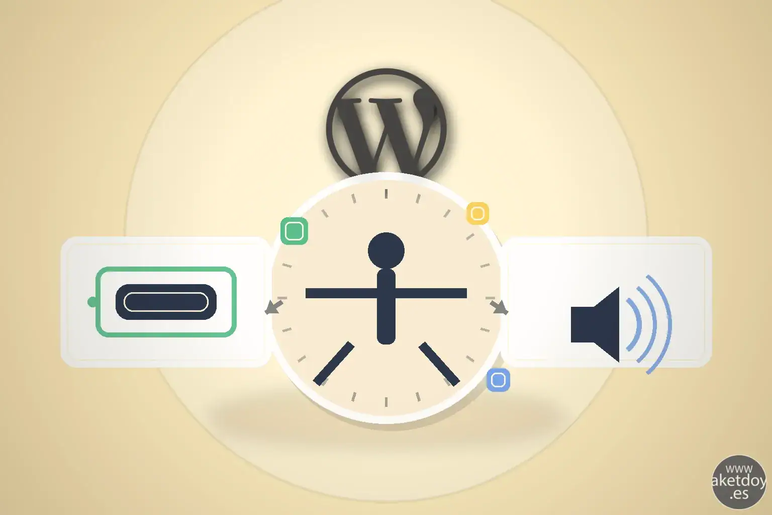 Ilustración con el logo de WordPress y un icono de accesibilidad dentro de un círculo, con elementos que representan foco por teclado y lector de pantalla, simbolizando mejoras de accesibilidad entre las novedades en WordPress 6.9