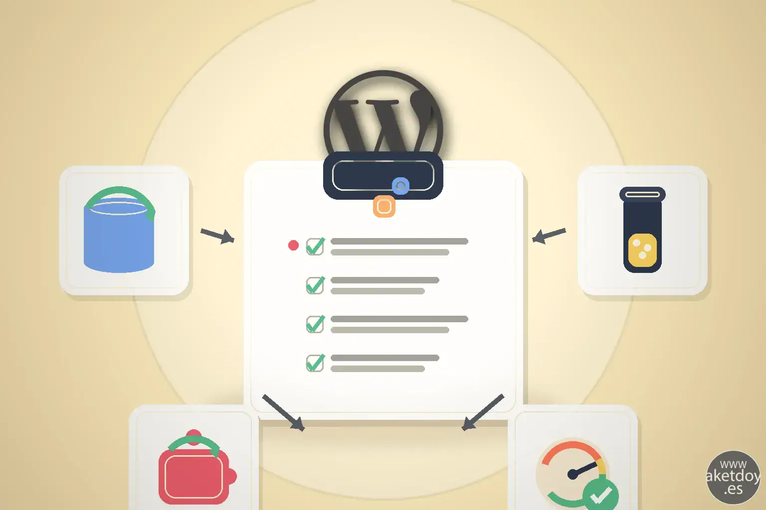 Ilustración con el logo de WordPress y un portapapeles con casillas marcadas, rodeado de iconos de copia de seguridad, pruebas en staging, actualización de plugins y verificación de rendimiento, representando el checklist tras actualizar a WordPress 6.9