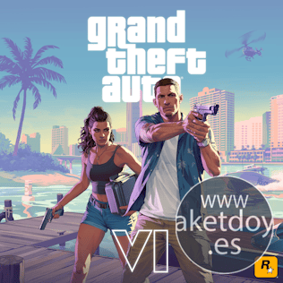 Arte promocional de Grand Theft Auto VI con dos protagonistas armados en un muelle, con skyline y palmeras al fondo