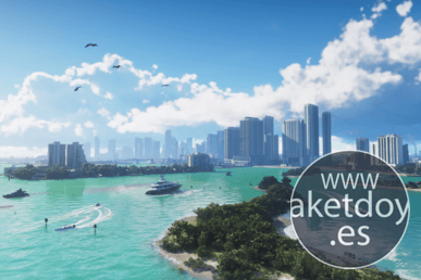 Vista costera de Vice City/Leonida con rascacielos al fondo, agua turquesa, islas pequeñas y estelas de lanchas