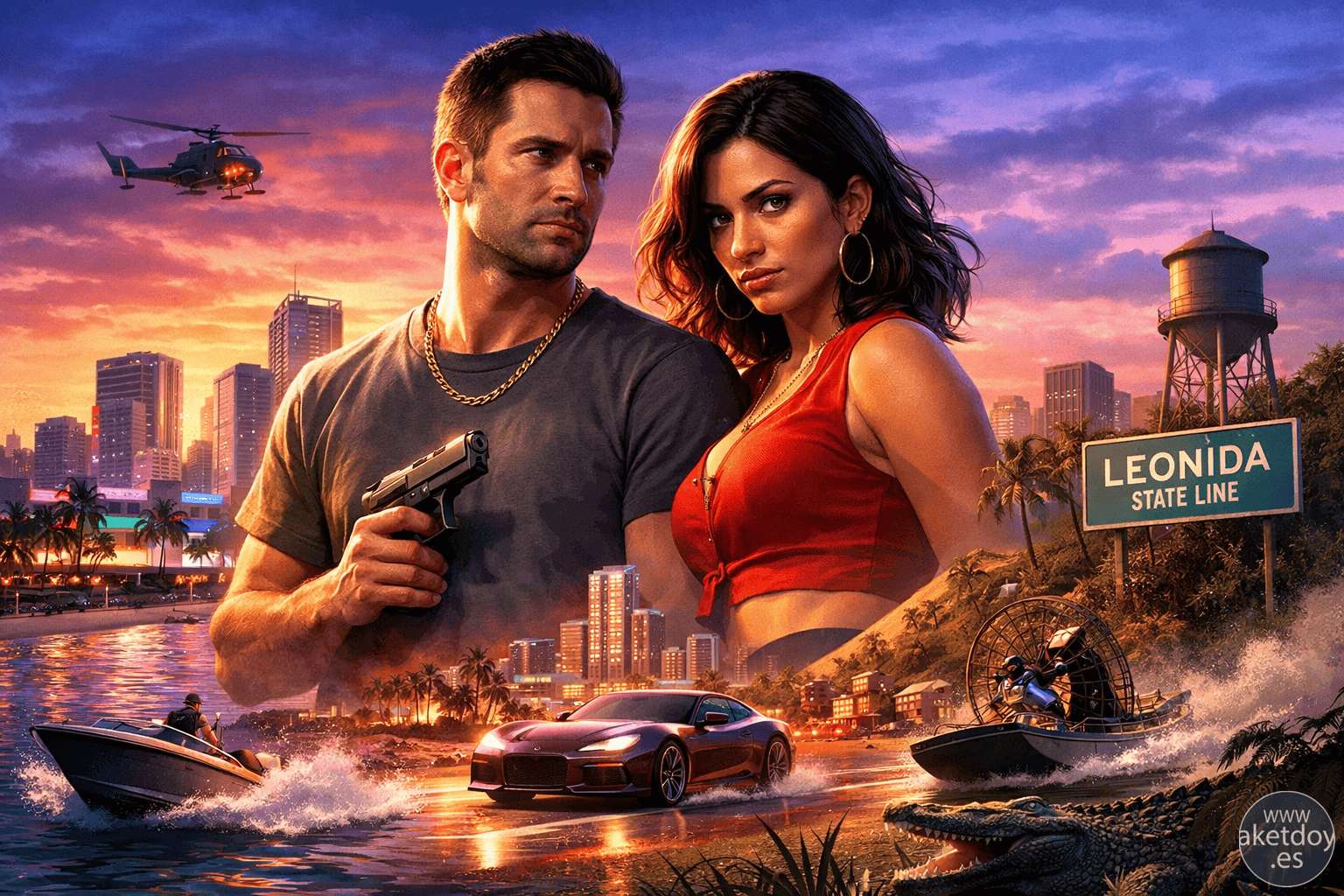 Ilustración inspirada en GTA 6 con dos protagonistas en Vice City/Leonida al atardecer, con coche deportivo y lanchas