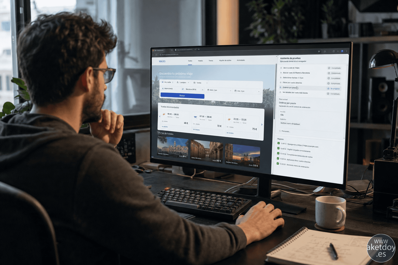 Desarrollador probando un flujo web con herramientas de agente visibles en Chrome