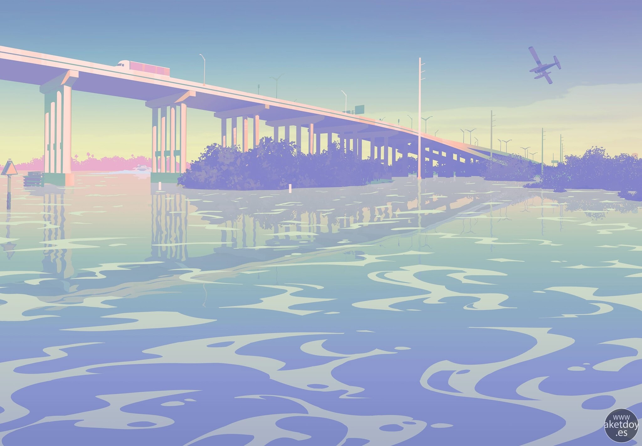 Captura oficial de Grand Theft Auto VI con un puente costero sobre las aguas de Leonida