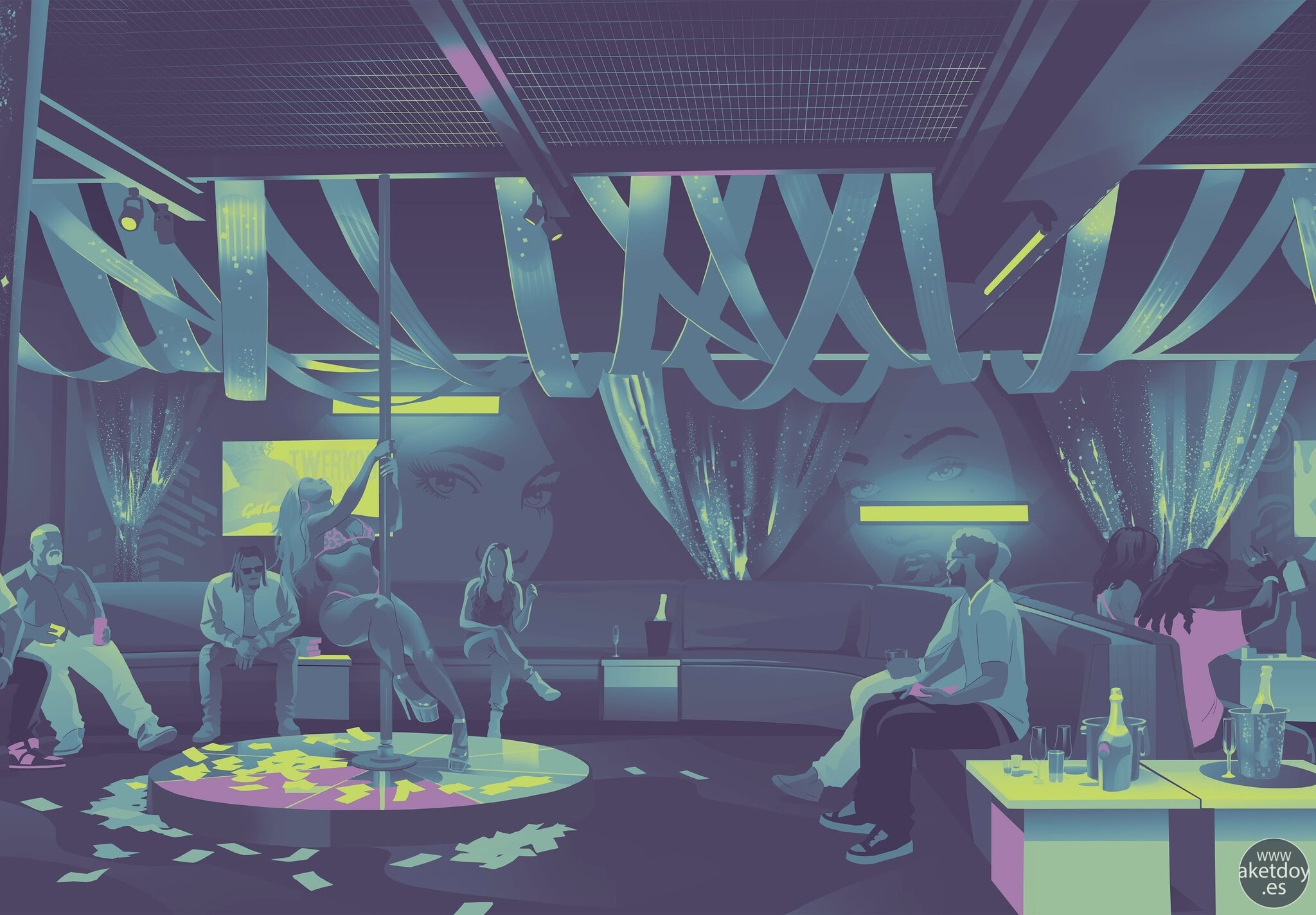Captura oficial de Grand Theft Auto VI en el club Jack of Hearts con ambiente nocturno y personajes del juego