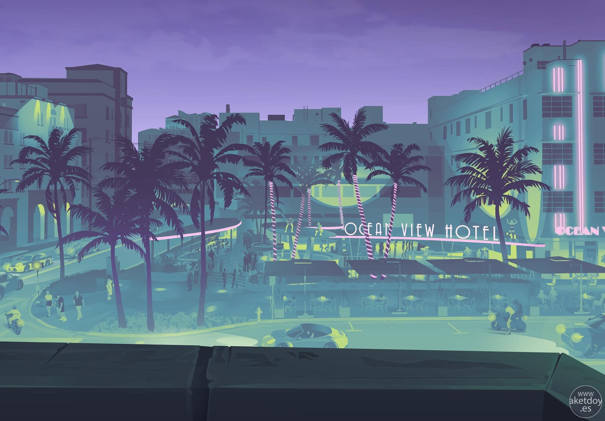 Captura oficial de Grand Theft Auto VI con una avenida nocturna de Vice City y el Ocean View Hotel