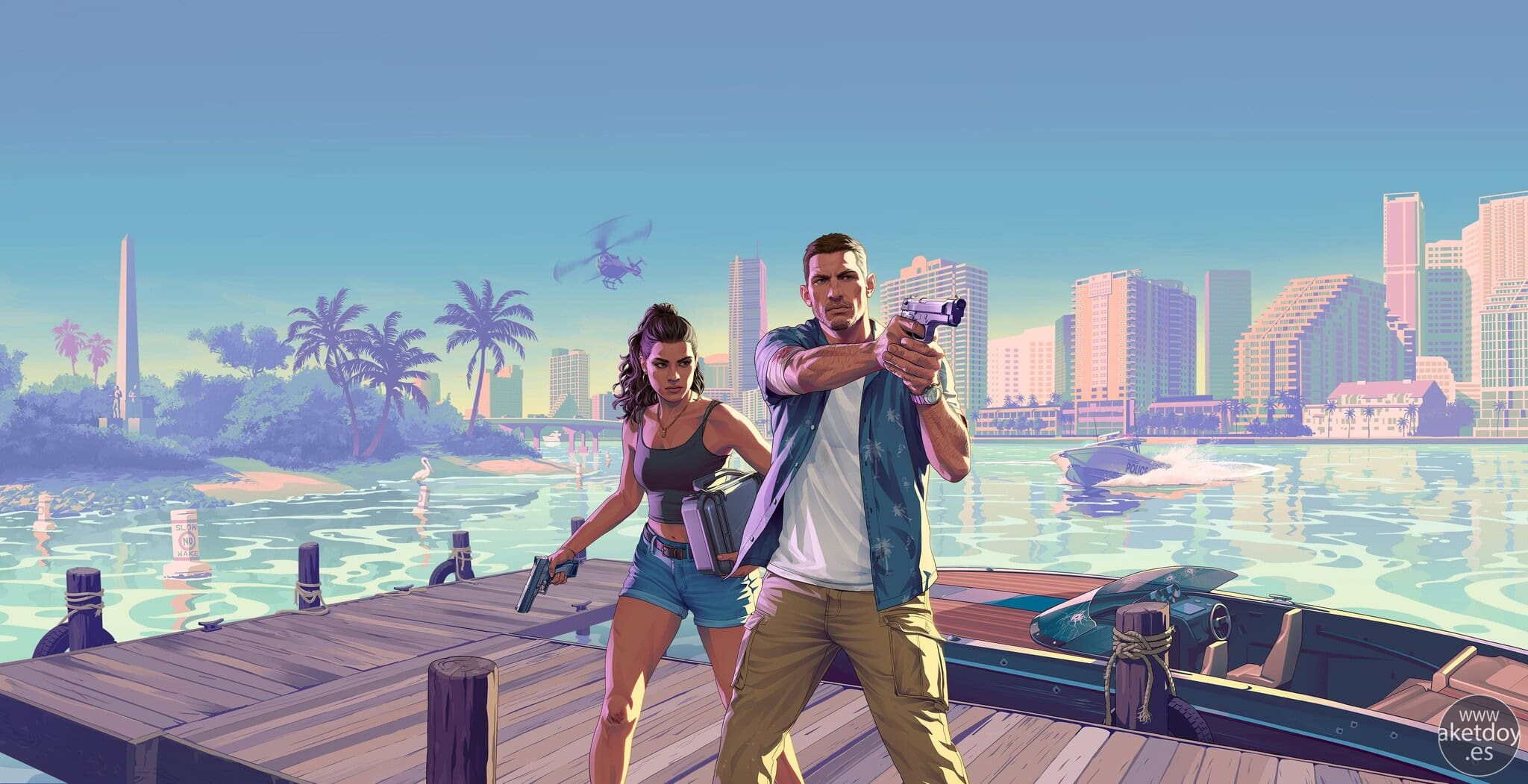 Arte oficial de Grand Theft Auto VI con Jason y Lucia frente al skyline de Vice City