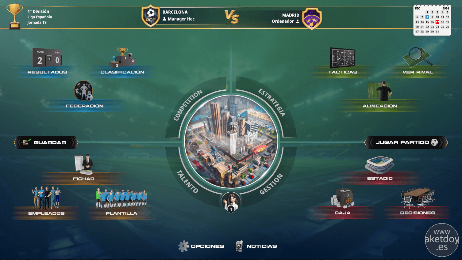 Captura oficial del menú manager de PC Fútbol 8