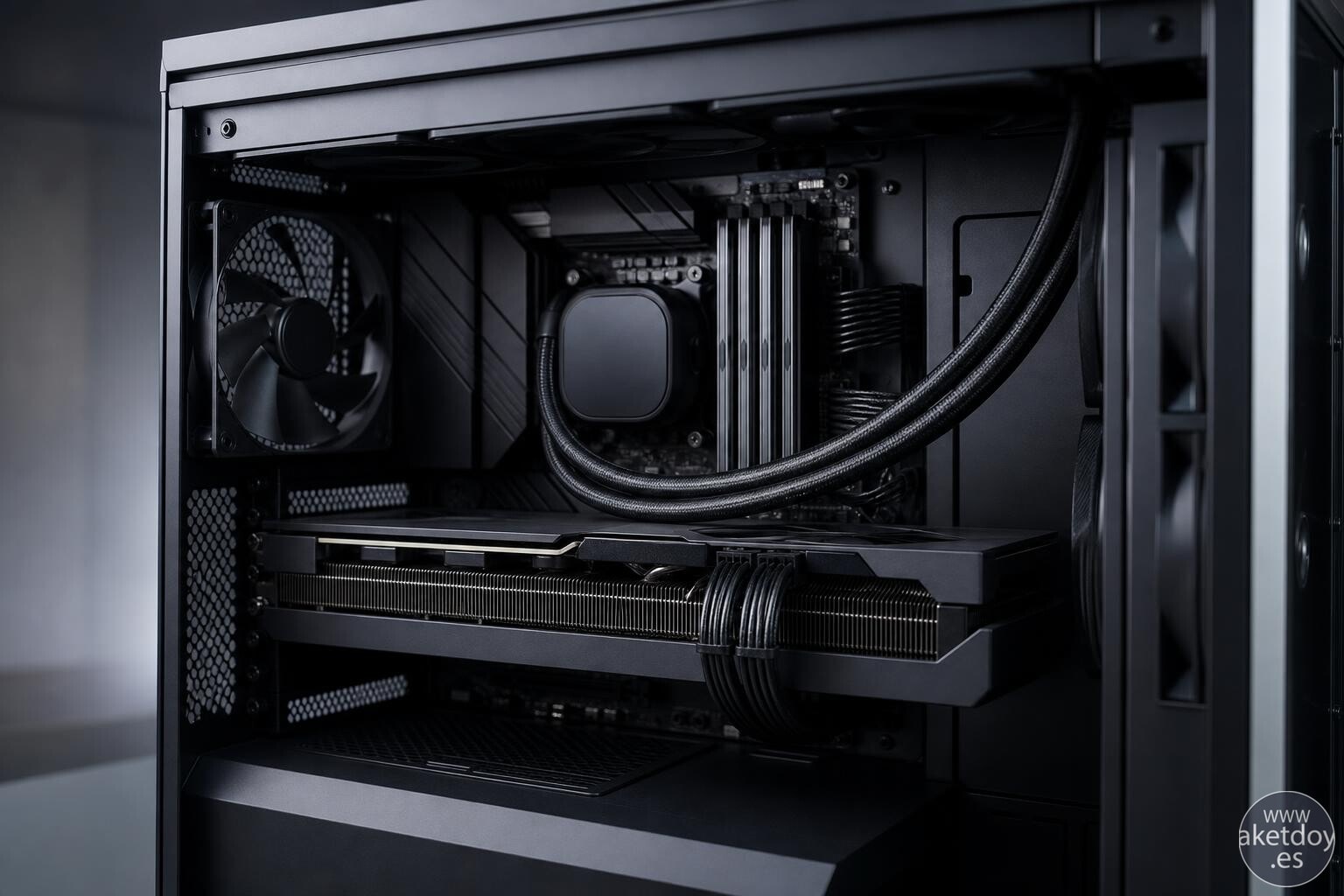 Montaje equilibrado de PC gaming en 2026 Montaje de un PC gaming con gráfica grande, placa base moderna y refrigeración cuidada