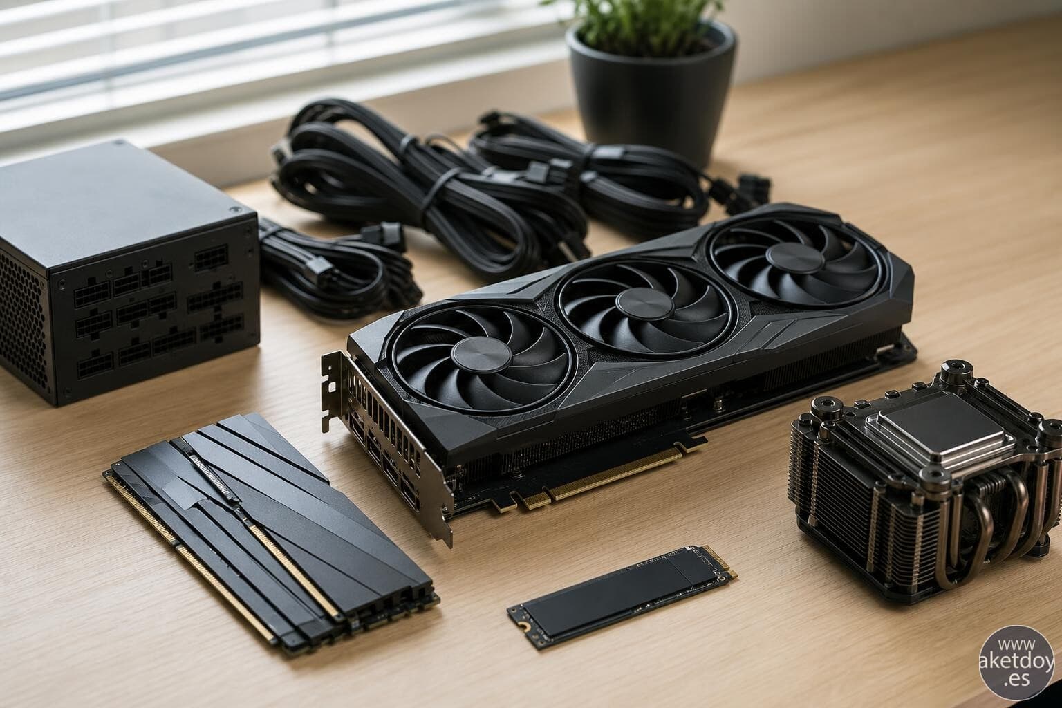 Componentes PC modernos bien elegidos Tarjeta gráfica moderna junto a memoria DDR5, SSD NVMe y procesador sobre una mesa de trabajo