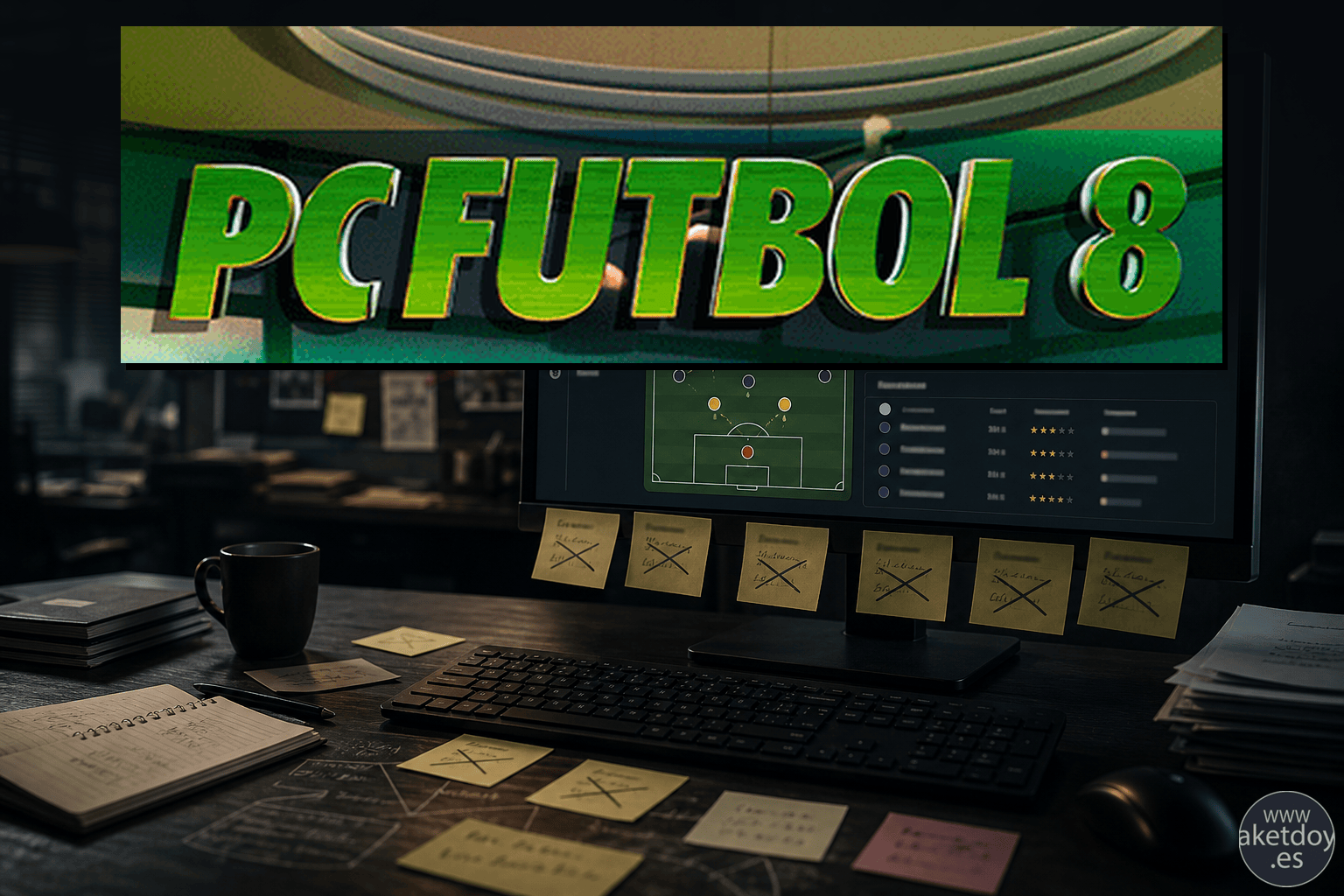 Portada apaisada con logo de PC Fútbol 8 para el análisis de retrasos