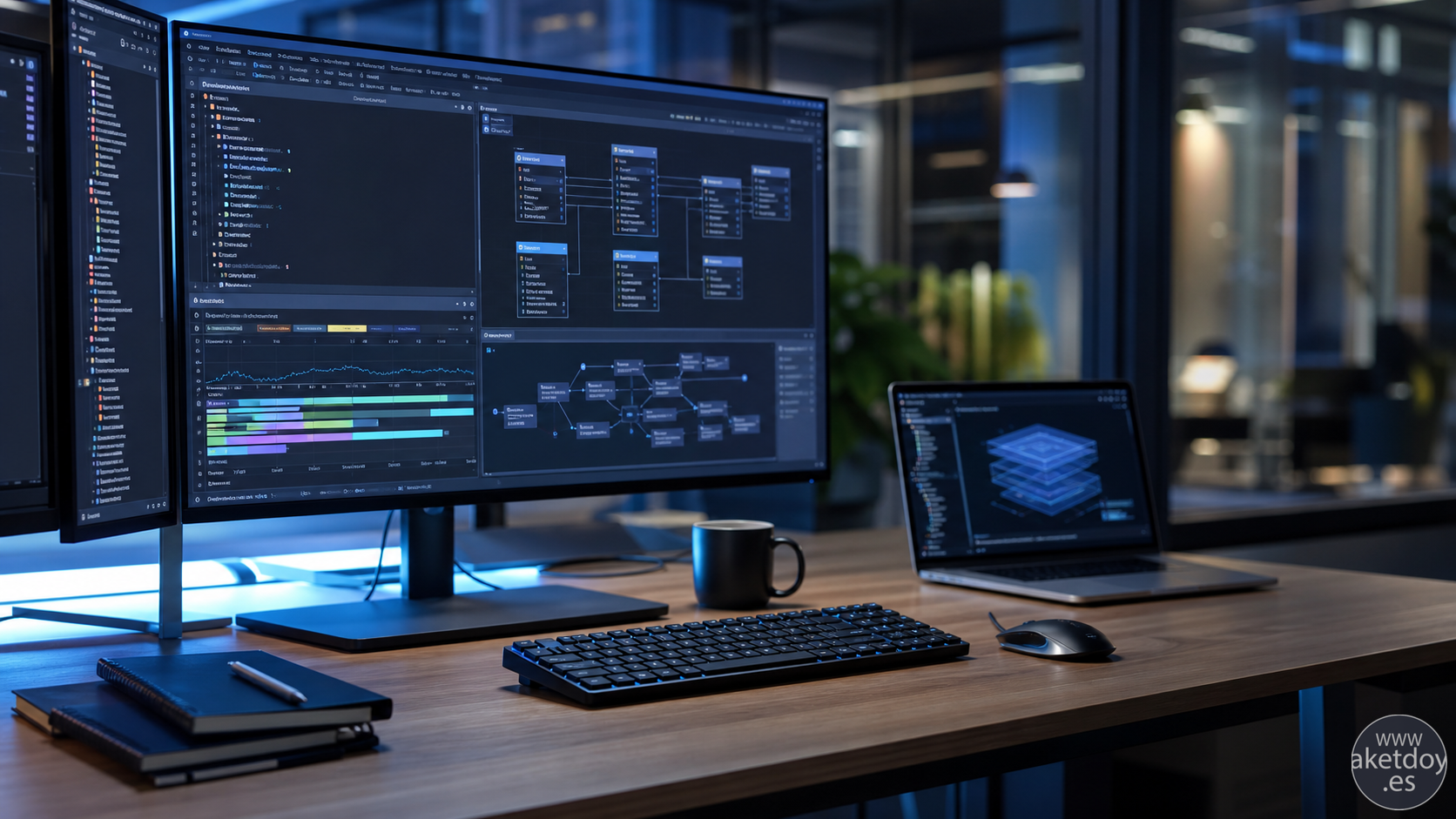 Ingeniero de software revisando métricas de fiabilidad y arquitectura de almacenamiento en un puesto de trabajo técnico