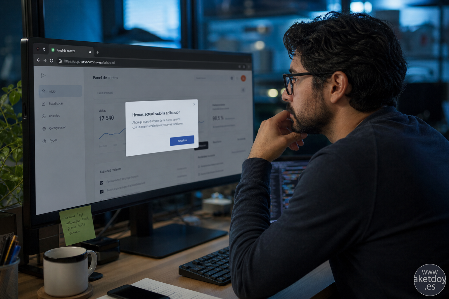 Puesto de trabajo realista revisando una migración de PWA entre dominios Desarrollador revisando una migración de PWA en un puesto de trabajo realista con navegador y panel técnico