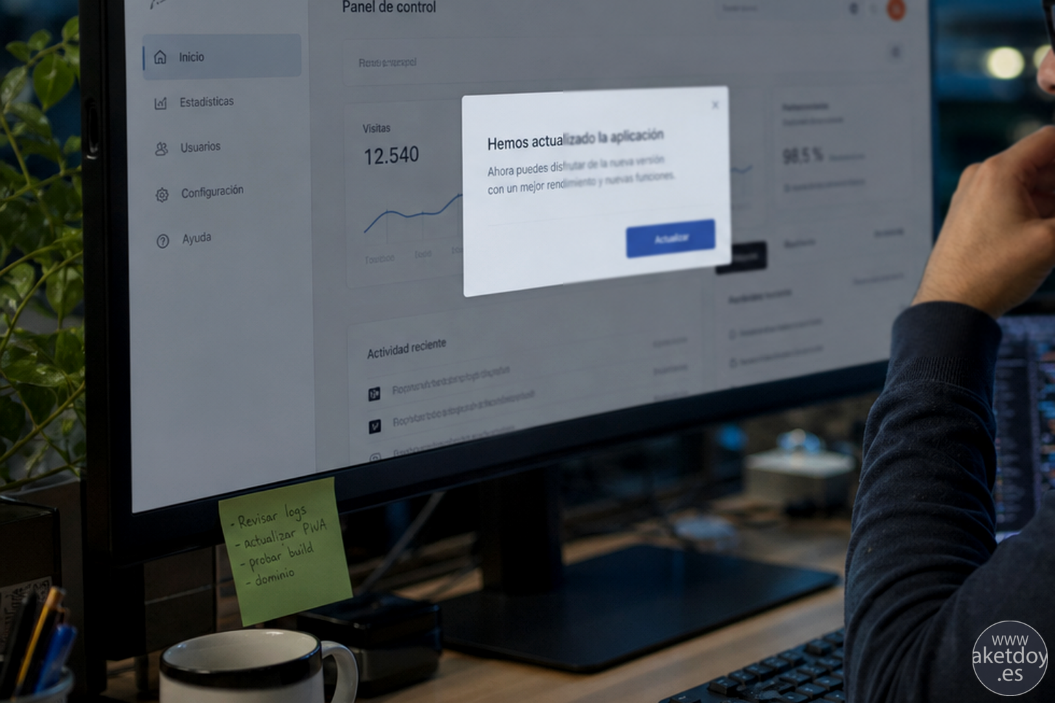 Detalle de trabajo técnico durante una migración de PWA en Chrome Detalle realista de un puesto de desarrollo con teclado, monitor y flujo técnico de migración de PWA