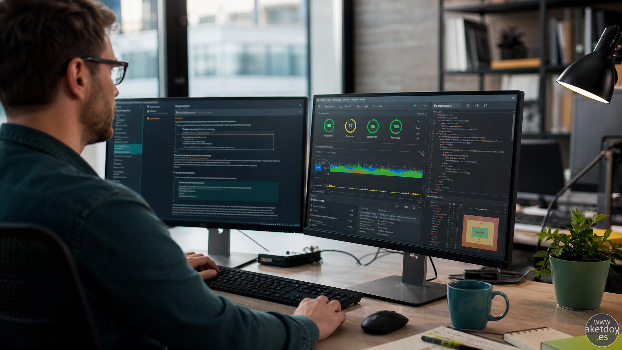 Desarrollador revisando documentación y DevTools mientras aplica buenas prácticas web modernas