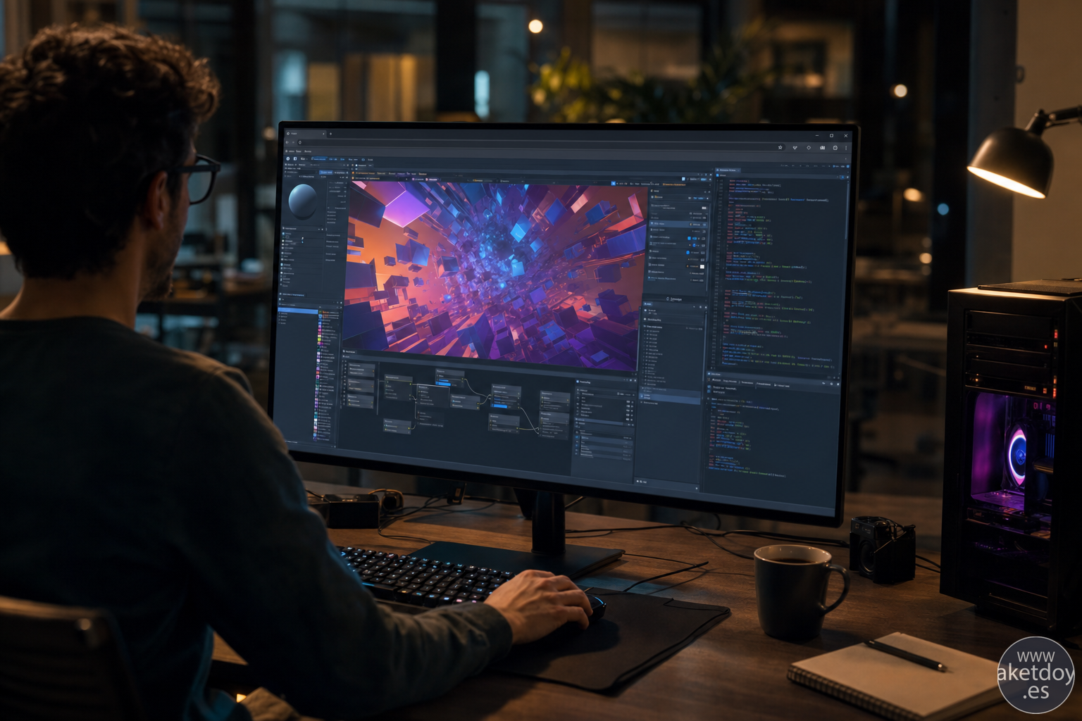 Desarrollador trabajando con una escena 3D en navegador y código WebGPU Desarrollador trabajando con una escena 3D en navegador y código WebGPU