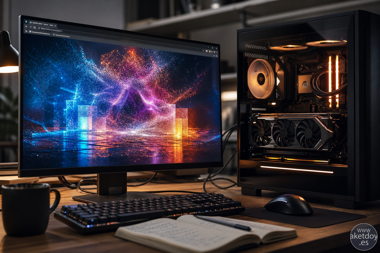 Tarjeta gráfica y monitor con una simulación WebGPU ejecutándose en un navegador Tarjeta gráfica y monitor con una simulación WebGPU ejecutándose en un navegador