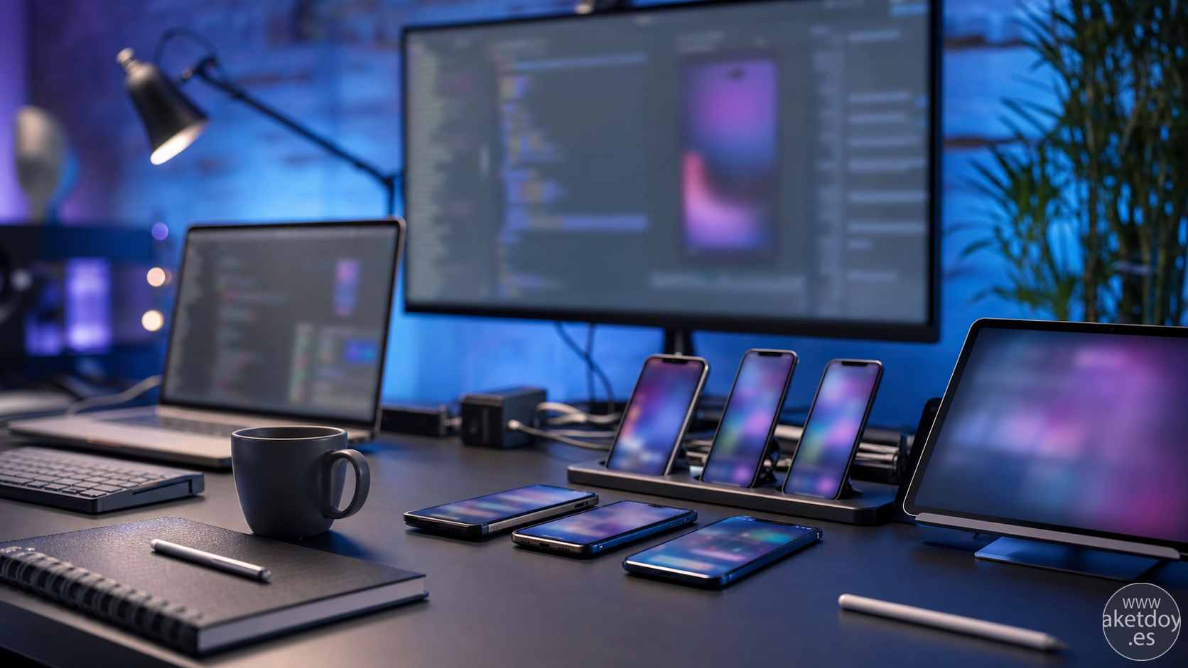 MacBook con panel de dispositivos, pruebas móviles y una mesa de trabajo de desarrollo Apple