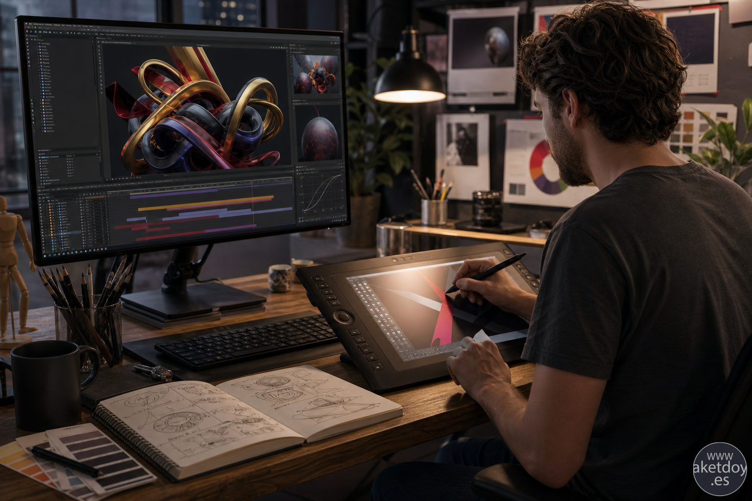 Diseñador trabajando con tableta gráfica y composición tipográfica Diseñador trabajando con tableta gráfica en una escena de motion design y composición tipográfica