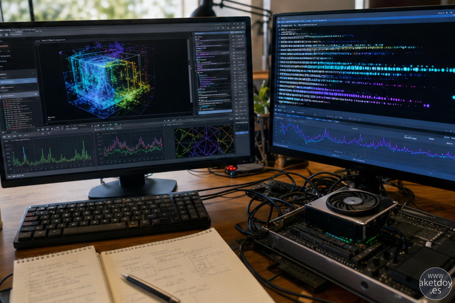 Entorno de desarrollo con visualización de compute GPU y procesamiento de texto en streaming en una estación de trabajo realista Entorno de desarrollo con visualización de compute GPU y procesamiento de texto en streaming en una estación de trabajo realista
