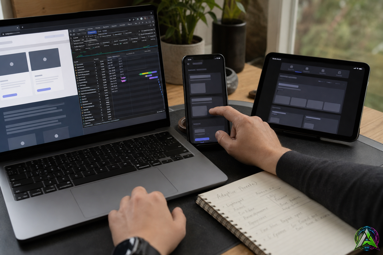 Desarrollador revisando métricas de rendimiento web y perfiles de dispositivo en una estación de trabajo realista