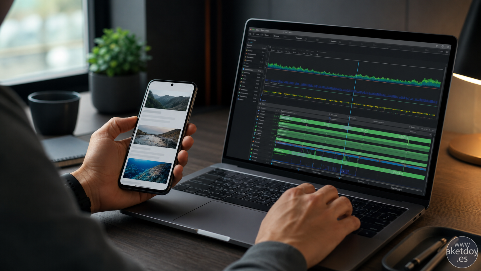 Telefono Android mostrando una pagina con desplazamiento fluido junto a un monitor con graficas de trazas de renderizado