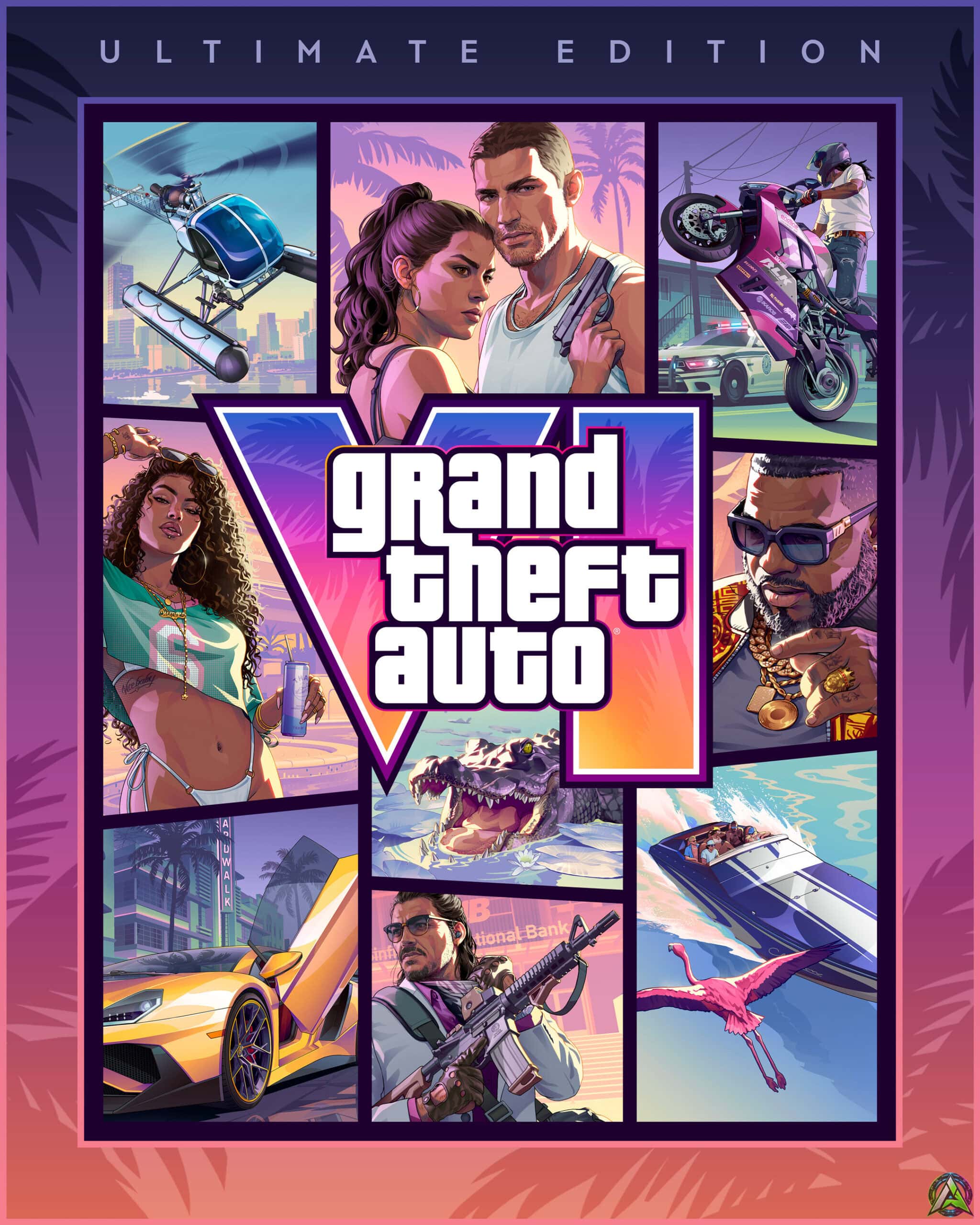 Imagen oficial de la Ultimate Edition de GTA VI con arte de personajes, vehiculos y bonus de reserva Imagen oficial de la Ultimate Edition de GTA VI con arte de personajes, vehiculos y bonus de reserva