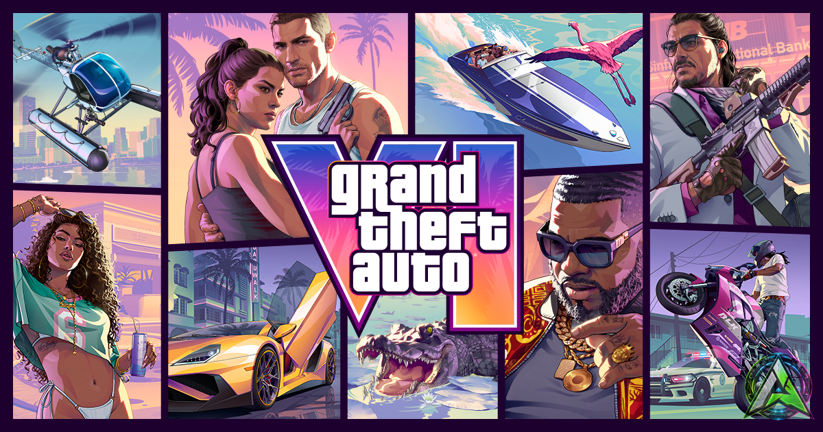 Arte oficial de Grand Theft Auto VI con collage de personajes, vehiculos y Leonida Arte oficial de Grand Theft Auto VI con collage de personajes, vehiculos y Leonida
