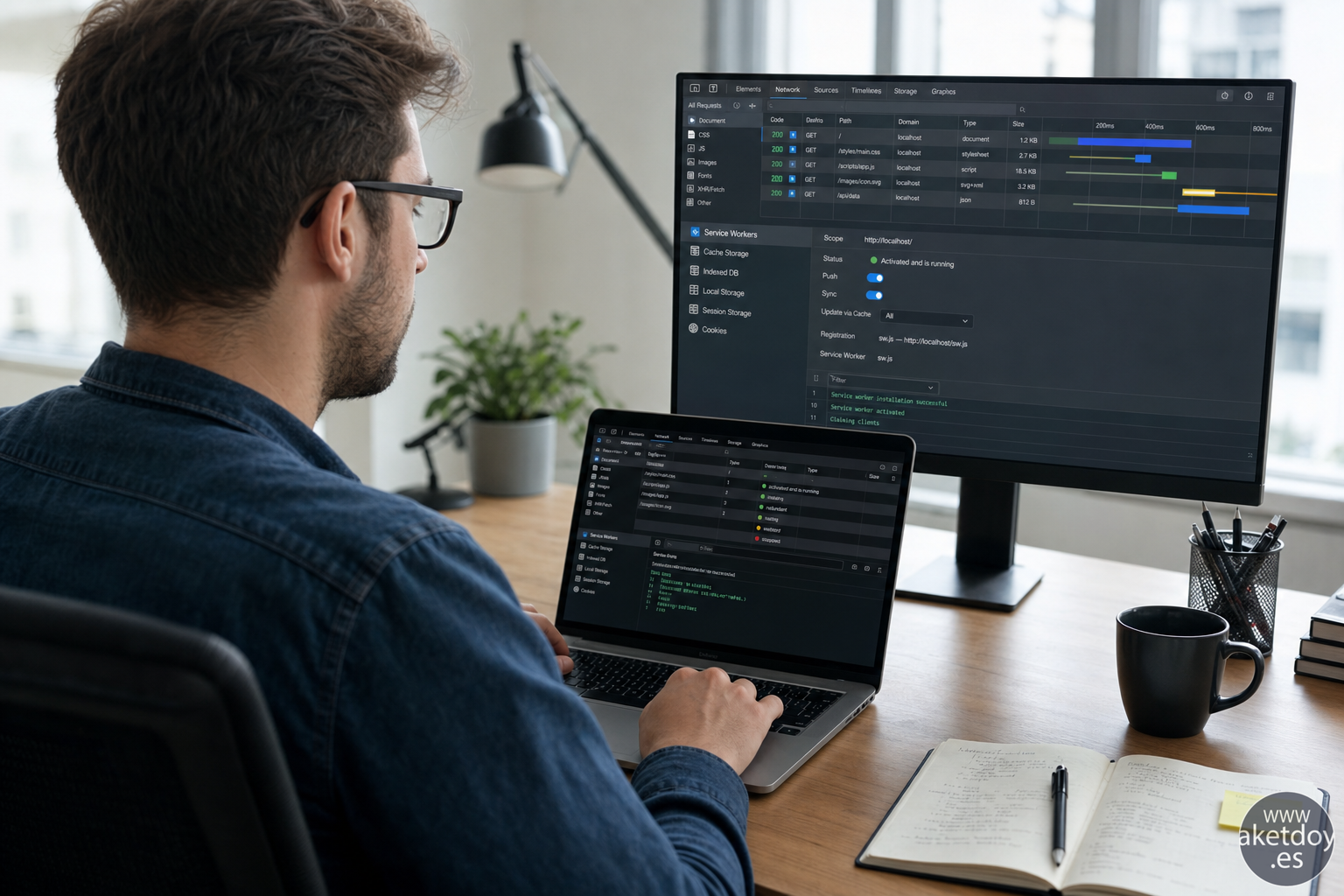 Desarrollador comprobando herramientas del navegador y resultados de red y service workers en su escritorio