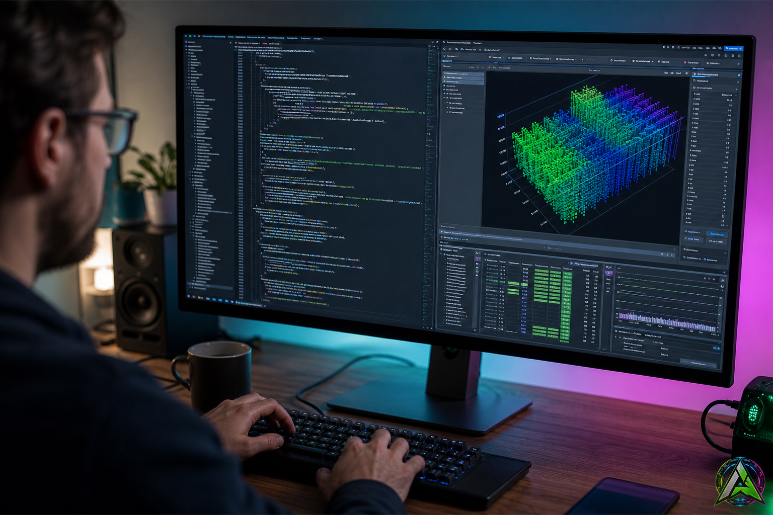 Desarrollador trabajando con codigo WebGPU y una visualizacion de compute en un monitor panoramico