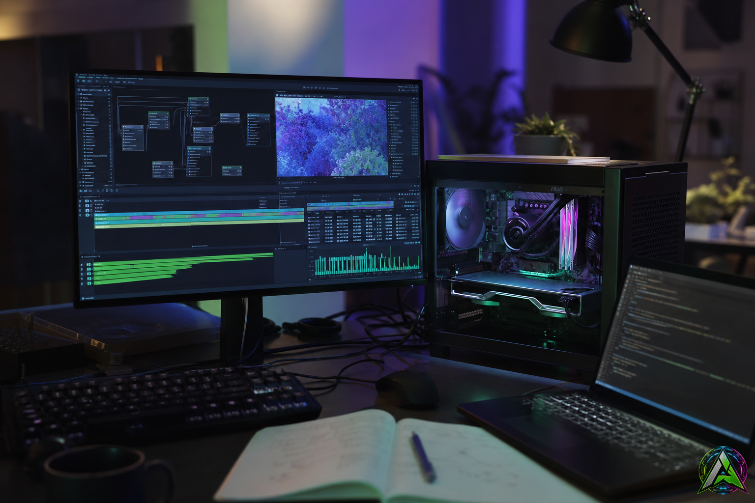 Estacion de trabajo con monitor mostrando diagnostico de shaders y un PC compacto con iluminacion tecnica