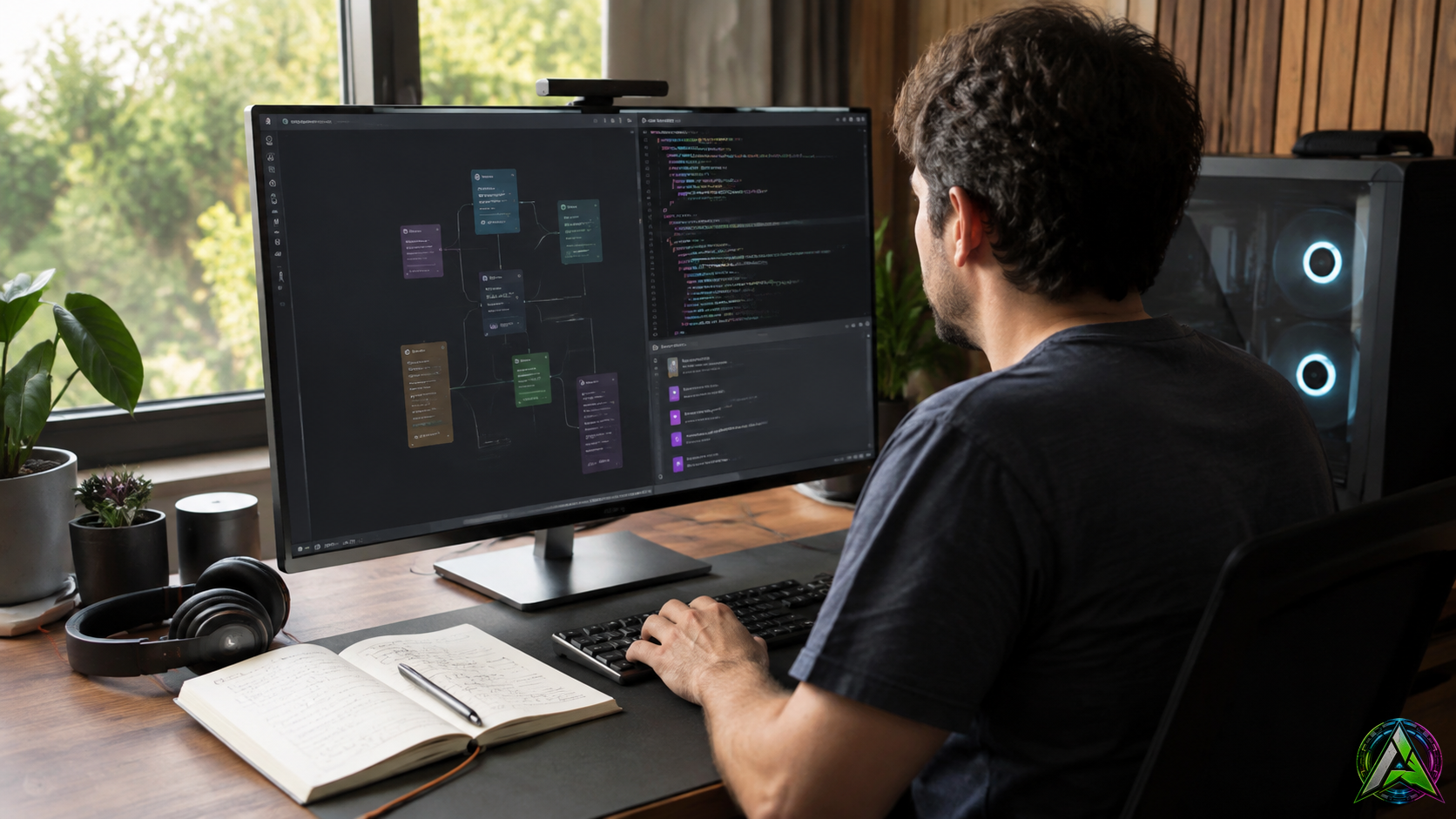 Desarrollador trabajando con un agente de IA ejecutado en un PC local