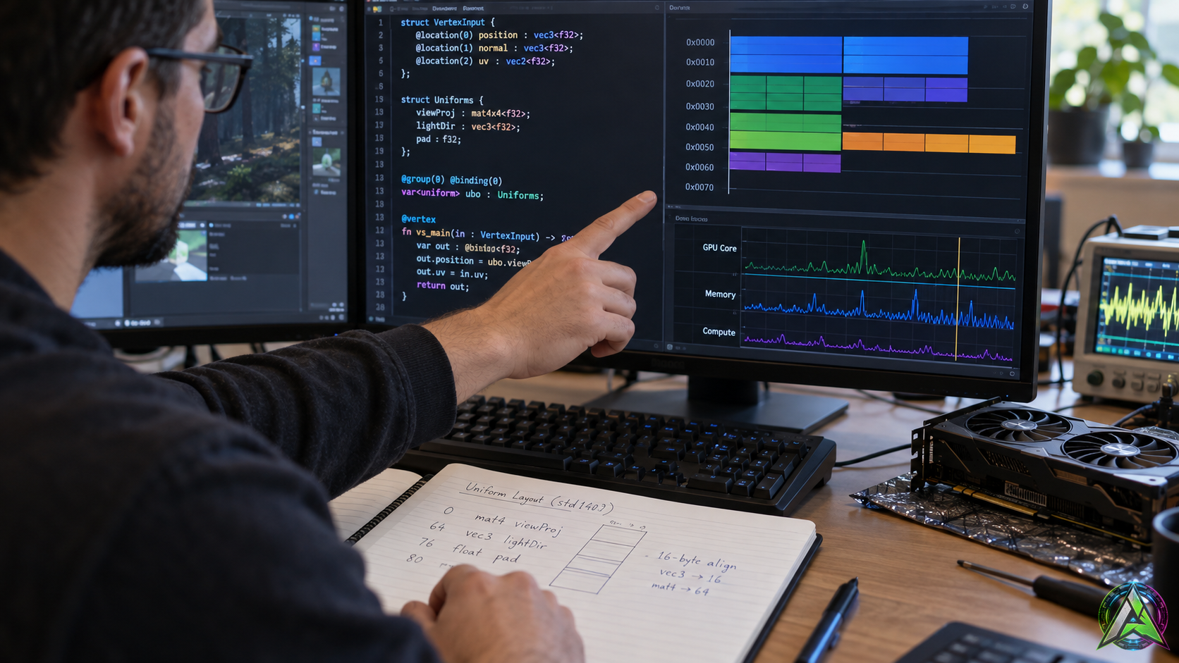 Desarrollador revisando layouts de memoria y gráficos de GPU para shaders WebGPU en Chrome 153
