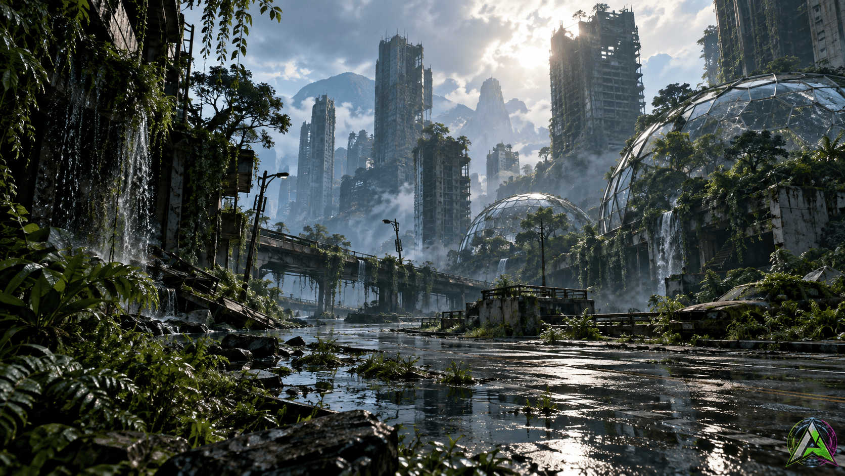 Ciudad futurista en ruinas y cubierta de vegetación para análisis retro de Crysis 3