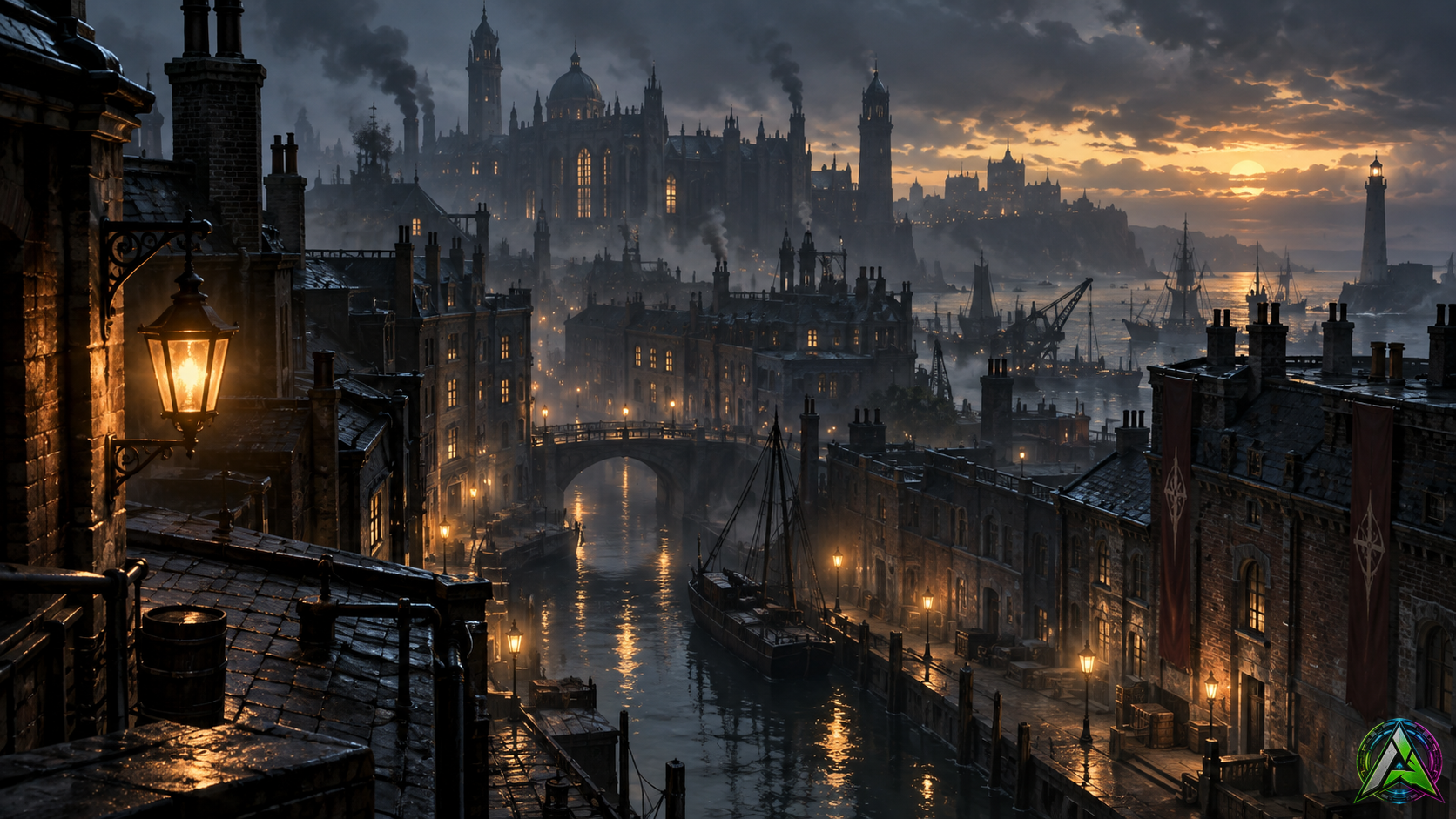 Ciudad industrial oscura inspirada en Dishonored para análisis retro
