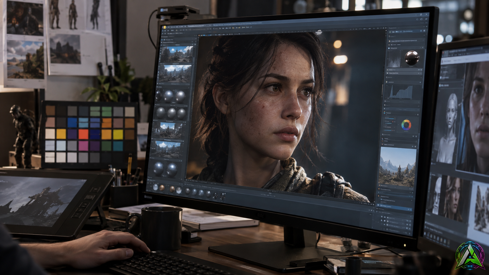 Estacion de trabajo con un personaje 3D realista en pantalla para ajustar iluminacion y materiales con render neural